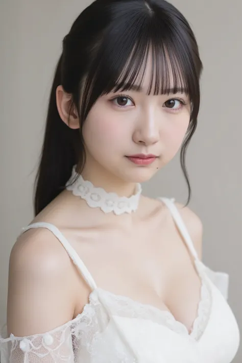 This photo shows a cute Japanese woman, goth fashion,
white lace dress, white choker, off shoulder,
The image is of very high quality, with clear skin texture.
The focus is on her face.
The focus is very sharp.
Her whole body is in the picture.
Her facia...