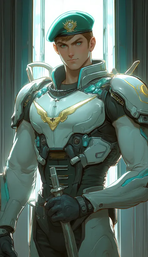 (masterpiece, best quality, ultra-detailed, intricate details, sharp focus, 8k, professional anime illustration, official art), a handsome young military officer with a chiseled jawline, healthy skin, short brown hair, and sharp, profound light-green eyes,...