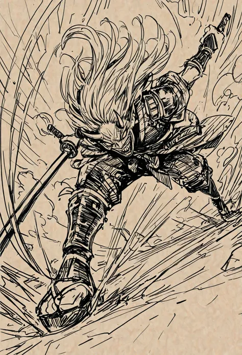 Game monster, sketch, concept art, Twisted human face with crazy smile and oni teeth, floating hair, demon oni fangs, japanese folklore ONI, Oni, kimono and feudal battle armor, Katana , long thin body, floating hair, on plain white canvas, rough, thin lin...