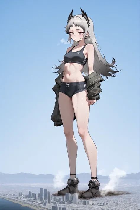 irene_\(arknights\), grey eyes, grey hair, head wings, long hair, black sportsbra, black suportspants, sweat, giantess, microcity, Scattered City, standing, Steam, Blue Sky, fullbody