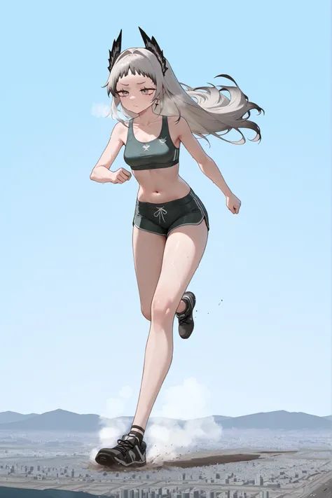 irene_\(arknights\), grey eyes, grey hair, head wings, long hair, sportsbra, suportspants, sweat, giantess, microcity, Scattered City, running, Steam, Blue Sky, informal costume, navel, thighs, fullbody