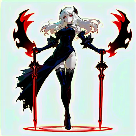 (((masterpiece))), (((Best Quality))), ((Ultra-detailed)), solo, Full body, fantasy undead wight fighter girl, white shaggy hair, glowing red eyes, black sclera, pale skin! Several swords, rusted to shreds, black thigh-highs, distorted gauntlets, clawed ga...