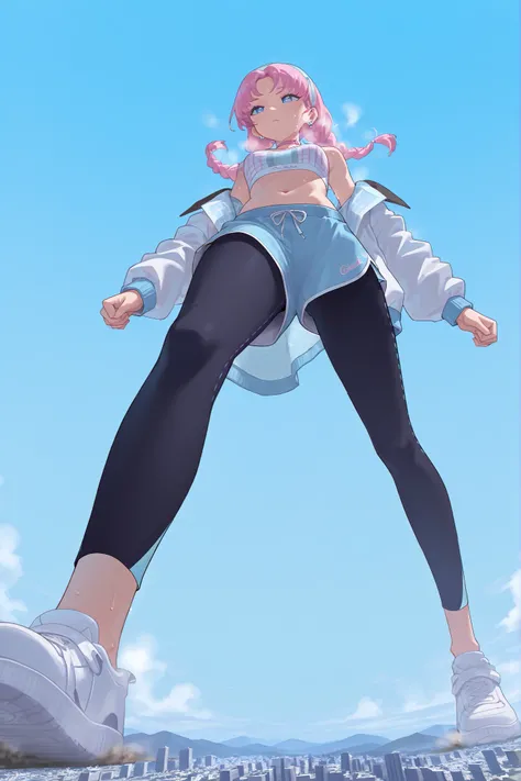 1girl, solo, blue_poison_\(shoal_beat\), blue eyes , pink hair , twin braids, hairband, earrings, pink choker, bare shoulders,sports bra,midriff,white jacket , open jacket, blue shorts,black leggings, sneakers , sweat, (giantess:1.4), microcity, Scattered ...
