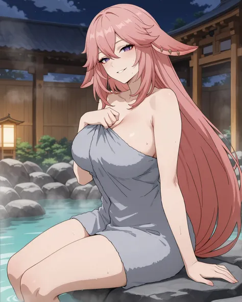 	Yae Miko \Genshin Impact\, 
pink hair, long hair, fox ears, 

naked towel, grey towel wrapped around body, bare head, loose hair, 

happy, seductive expression, solo, 
sitting on rock, looking at viewer, 

japanese shrine, onsen, steam, 
1 beautiful girl,...