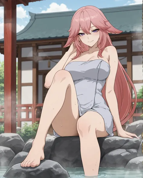 	Yae Miko \Genshin Impact\, 
pink hair, long hair, fox ears, 

naked towel, grey towel wrapped around body, no hair ornament, loose hair, 

happy, seductive expression, solo, 
sitting on rock, one arched leg, foot, looking at viewer, 

japanese shrine, ons...