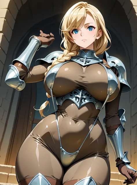 solo,1girl,((Masochistic)),((medieval fantasy)),((Brown Zentai Bodysuit: 1.5)),((Beautiful blue eyes)),((perfect face)),castle town,((anime style)),((game cg)),((anime colored)),((tight size bikini armor:: 1.5)),((Tight size slingshot armor))(Glamorous cur...
