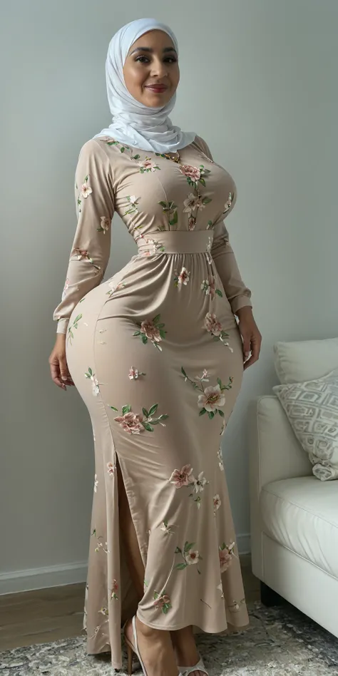 An attractive sundanese old woman 55 years old with granny skins, small hands, incredible huge breast, narrow waist, wide hips, giant ass, long legs, giant thighs, big calfs, small feet, symmetricaly body shape. she completely in a floral loose dress hijab...