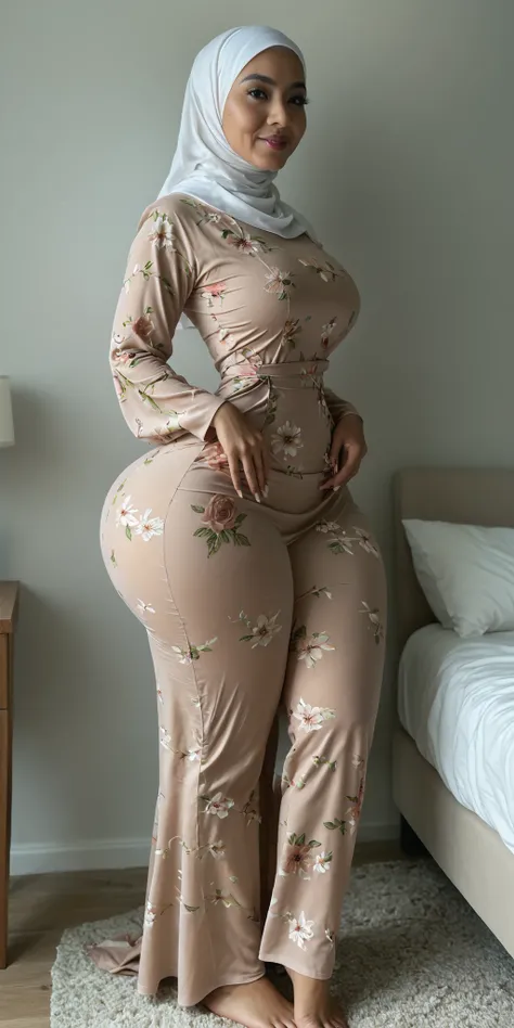 An attractive asian old woman 55 years old with Asian granny skins, small head, small hands, incredible huge breast, narrow waist, wide hips, giant ass, long legs, giant thighs, big calfs, small feet, symmetricaly body shape. she completely in a floral loo...