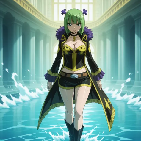 Brandish μ from Fairy Tail, 25 years old. Short green hair with delicate ornaments, bright emerald eyes, calm and slightly bored expression. Her slender yet curvaceous body with a generous bust is accentuated by a stylish pirate outfit — a short jacket, op...