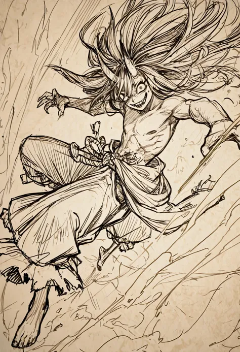 Game monster, sketch, concept art, Twisted human face with crazy smile and oni teeth, floating hair, demon oni fangs, japanese folklore ONI, Oni, bare chested, long thin body, floating hair, Wide pants ripped off, Japanese rope knot around the waist, bare ...