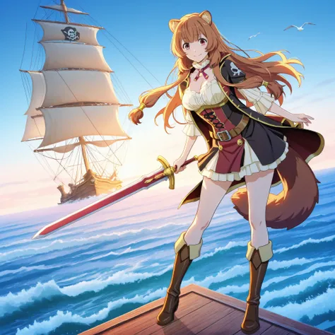 Raphtalia from The Rising of the Shield Hero, reimagined as a pirate swordswoman. With a slender figure and generous breasts, she wears an elegant pirate outfit: a red and brown corset with gold details, a short jacket, and tall leather boots. Her long ora...