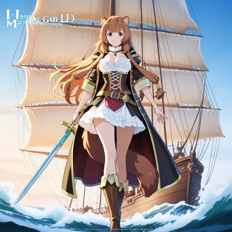 Raphtalia from The Rising of the Shield Hero, reimagined as a pirate swordswoman. With a slender figure and generous breasts, she wears an elegant pirate outfit: a red and brown corset with gold details, a short jacket, and tall leather boots. Her long ora...