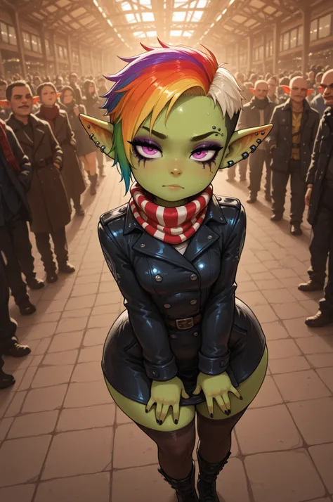 female punk, rainbow colors hair, very short hair, black eye , facial piercings, eye makeup, small breasts, meduim hips, (goblin girl:1.0) (shortstack:1.0) (green skin:1.0) (pointy ears:1.0) (wide hips:1.0)| (masterpiece,best quality),perfect anatomy,super...
