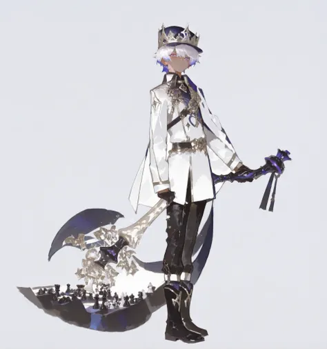 CLOSE UP, chess themed young slim athletic black tanned skinned manly boy boy focused boy young old boy, smooth glowing fair skin, unique messy layered messy white hair split into pure white with neatly trimmed sides, side-swept bangs partly covering one ...