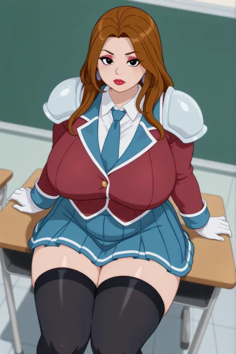 Debra, huge saggy breasts. Pale red lipstick, brown hair,black eyes, pale red makeup, long hair, thick hips, chubby, overweight, mature woman. | 1girl, solo,  closed mouth, St_Arcadia_Uniform, school uniform, clothes, shoulder pads, necktie, long sleeves, ...