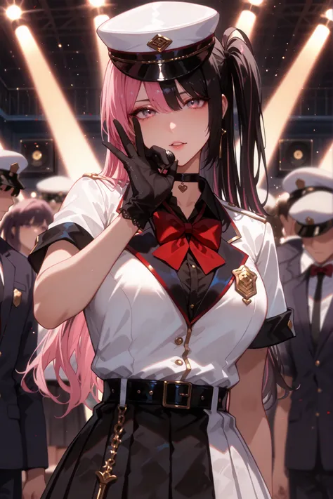 HinanoMilitary, two-tone hair, long hair, one side up, white hat, black choker, white uniform, red bowtie, short sleeves, black belt, white skirt, black gloves, Masterpiece, best quality, high level of detail, digital painting. A full-body portrait of a ch...
