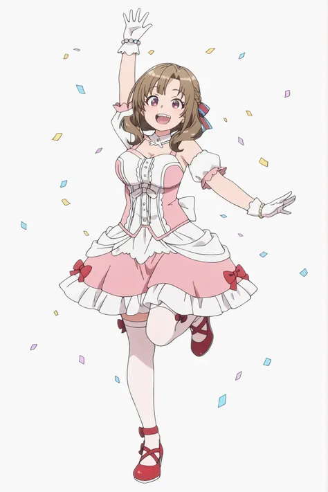 mamako oosuki,simples_anime,An anime girl with brown hair,  Dressed in a vibrant , Traje com babados, strikes a cheerful pose as golden flakes float around her against a plain fundo branco. The central figure is an anime-style girl with shoulder-length hai...