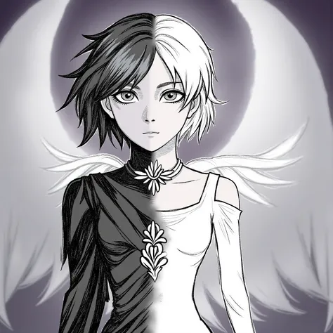 An angel with half a black body (Black hair, eyes black, black clothes )And the other half white (white hair, gray eyes, white clothing)