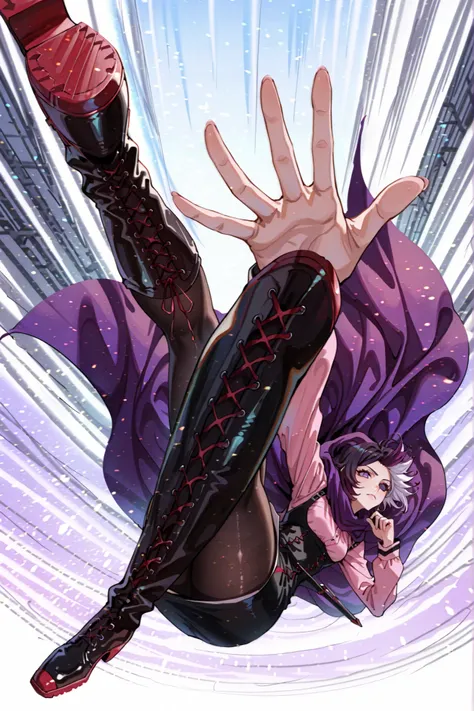 dynamic pose, foreshortening, extreme perspective,RubyR0se, 1girl, violet hair, white hair, two tone hair, purple eyes, dark blue sclera, SlayerOutfit, black corset, dark pink shirt, black pantyhose, boots, purple cape