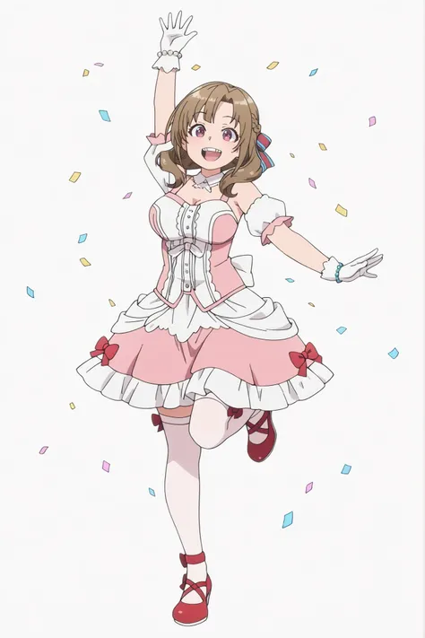 mamako oosuki,simples_anime,An anime girl with brown hair,  Dressed in a vibrant , Traje com babados, strikes a cheerful pose as golden flakes float around her against a plain fundo branco. The central figure is an anime-style girl with shoulder-length hai...