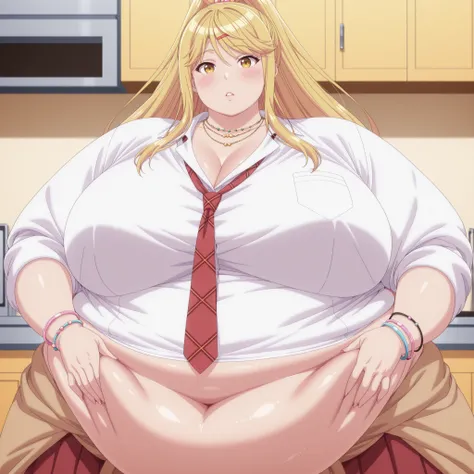 bloated belly,hyper fat,hyper obese,obese,fat,plump,WeightImmobile,Masterpiece, high detail, very hd, best quality, semirealistis, ray trecing, solo, 1girl, detail face, detail hair, himari ishikura, long hair, bangs, blonde hair, hair ornament, yellow eye...