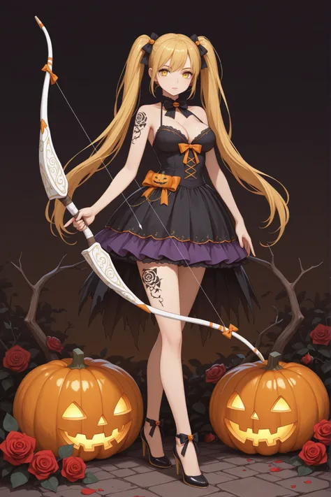 cleavage, tattoo, twintails, bow (weapon), jack-o'-lantern, rose, 1girl, yellow eyes, dress, solo, high heels, pumpkin, weapon, long hair