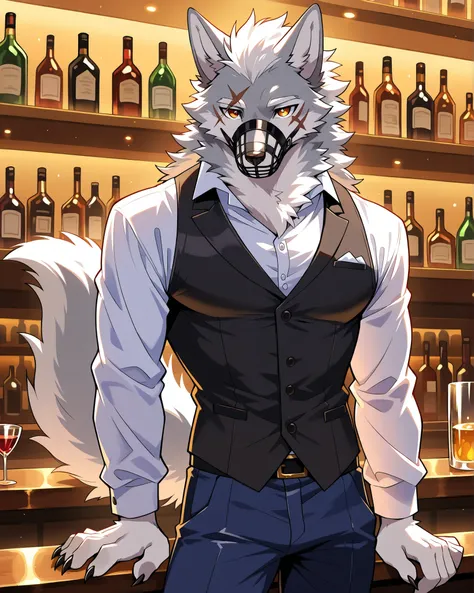 Furry Animal, furry, male skinny wolf, bar, random unique fur colors, random unique body designs, random unique hair  styles, round eyes, bartender, white long-sleeve, black vest, pants on, black muzzle on, battle scar, scar on the face, model, neck tuff, ...