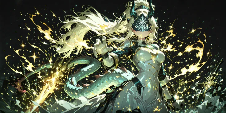 sozinho, 1 garota, cabelo de energia branca, hairstyle like Reed the Flame Shadow from arknights, preso em um longo rabo de cavalo, olhos cobertos por uma máscara prateada com o mesmo desenho da máscara da Rainha do Gelo de Return of the Frozen Player {x} ...