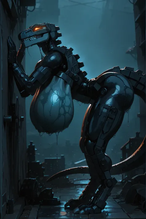 748cmstyle, l3g0, masterpiece, best quality, amazing quality, very aesthetic, high resolution, highly detailed, high quality, score_9, score_8_up, score_7_up , solo, muscular, roodaka, bionicle, anthro, dinosaur, lidded eyes, annoyed, glowing eyes, seducti...