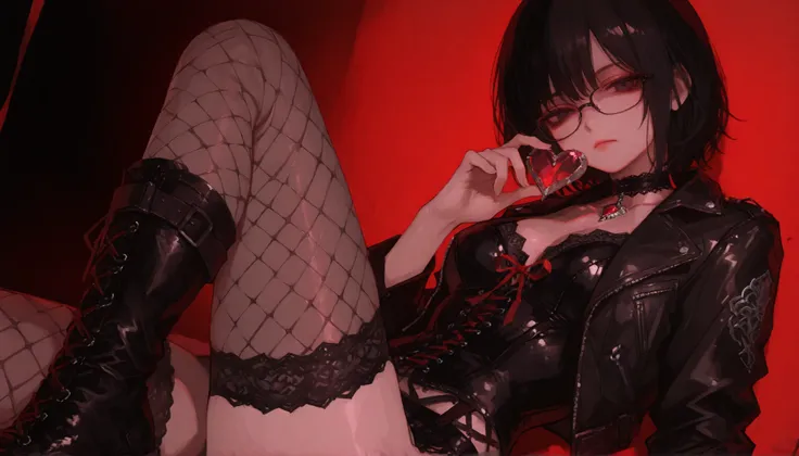 1girl, girl with short black hair, (glasses, choker, holding a realistic jewel heart, black lace corset, leather jacket fishnet stockings), dark eyes, red lighting, (masterpiece, red ribbons: 1.0, red and black background, black combat boots)