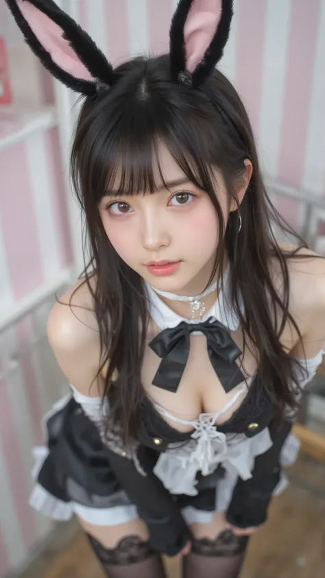 JP,JP1,,JPp,,Sliding Areolas,JP,JP,(masterpiece, Highest Quality:1.2), 1girl, solo,young woman with long black hair and bangs, she wears a black and white bunny costume、with a bow tie and buttons, Paired with lace stockings、A room with vertical pink and wh...