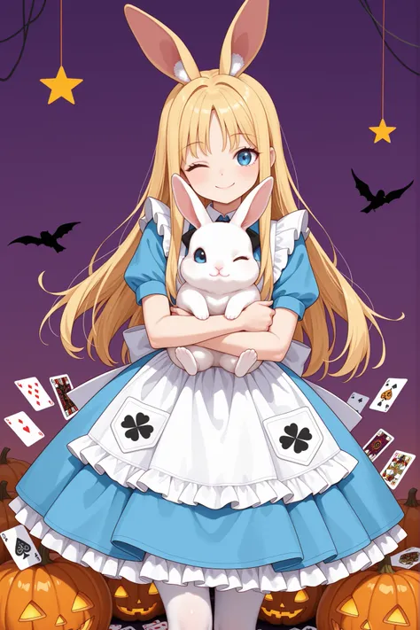 playing card, bird, halloween, dress, holding, star (symbol), animal ears, white apron, purple background, rabbit, jack-o'-lantern, 1girl, standing, solo, animal, card, pumpkin, pantyhose, smile, alice (alice in wonderland), long hair, short sleeves, ;), b...