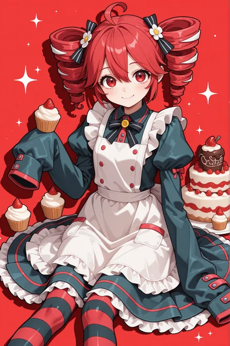 juliet sleeves, hair ornament, drill hair, dress, twin drills, red background, red hair, white apron, bow, sleeves past wrists, 1girl, solo, sleeves past fingers, smile, striped clothes, food, looking at viewer, drop shadow, frills, apron, puffy sleeves, s...