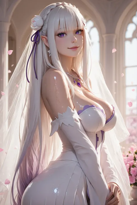 masterpiece, highest quality, ultra high resolution, photorealistic, 8K Ultra HD, insane detail, depth of field, solo, 1girl, emilia (re:zero), white hair, long hair, crown braid, flower hair ornament, hair ribbon, pointy ears, purple eyes, thick lashes, g...