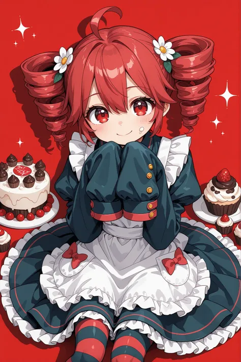 juliet sleeves, hair ornament, drill hair, dress, twin drills, red background, red hair, white apron, bow, sleeves past wrists, 1girl, solo, sleeves past fingers, smile, striped clothes, food, looking at viewer, drop shadow, frills, apron, puffy sleeves, s...