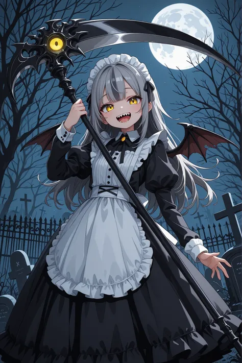 black dress, juliet sleeves, tree, open mouth, dress, holding scythe, full moon, holding, long sleeves, scythe, 1girl, yellow eyes, sharp teeth, solo, outdoors, smile, night, long hair, tombstone, grey hair, teeth, looking at viewer, wings, maid headdress,...
