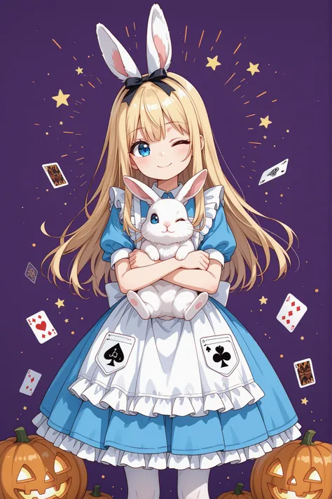 playing card, bird, halloween, dress, holding, star (symbol), animal ears, white apron, purple background, rabbit, jack-o'-lantern, 1girl, standing, solo, animal, card, pumpkin, pantyhose, smile, alice (alice in wonderland), long hair, short sleeves, ;), b...