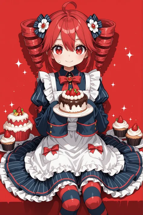 juliet sleeves, hair ornament, drill hair, dress, twin drills, red background, red hair, white apron, bow, sleeves past wrists, 1girl, solo, sleeves past fingers, smile, striped clothes, food, looking at viewer, drop shadow, frills, apron, puffy sleeves, s...