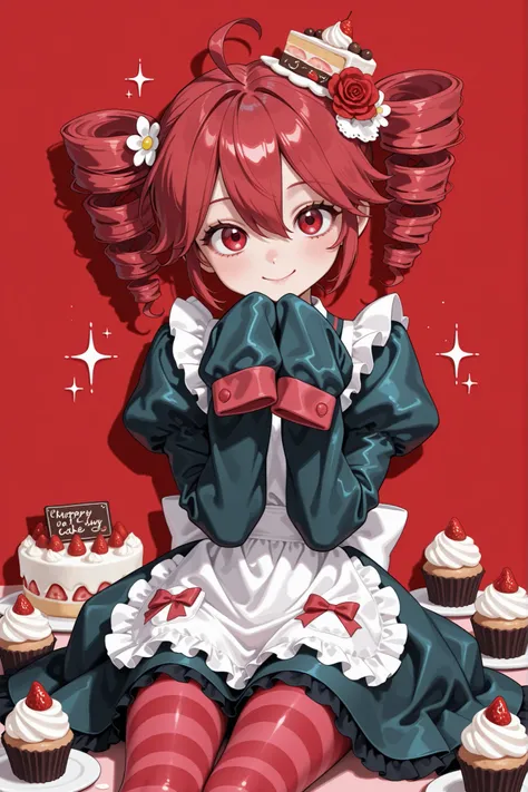 juliet sleeves, hair ornament, drill hair, dress, twin drills, red background, red hair, white apron, bow, sleeves past wrists, 1girl, solo, sleeves past fingers, smile, striped clothes, food, looking at viewer, drop shadow, frills, apron, puffy sleeves, s...