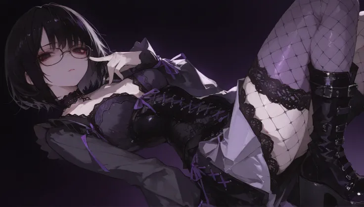 1girl, girl with short black hair, (glasses, choker, black lace corset, long sleeves, skirt, fishnet stockings), dark eyes, cool lighting, (masterpiece, purple ribbons: 1.0, purple and black background, platform boots), dynamic angle