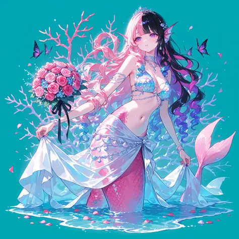 (MULTICOLORED HAIR, TWO-TONE HAIR,MIX OF turquoise AND VIOLET-pink HAIR,SPLIT-COLOR HAIR,) The France Queen mermaid. She has pink skin covered with scales. She has pink ear fins with silver seashell earrings. she has a purple eyes.  She has kinky hair with...