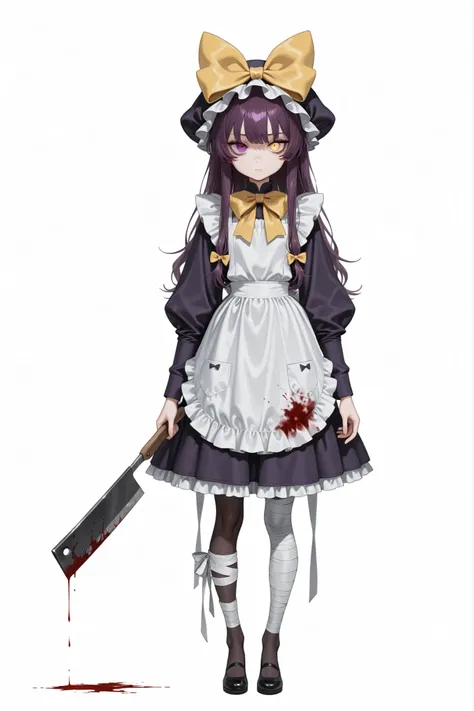 heterochromia, white background, hair bow, holding knife, dress, holding, hat, long sleeves, white apron, cleaver, purple eyes, bow, blood, full body, yellow bow, 1girl, standing, yellow eyes, solo, knife, pantyhose, long hair, closed mouth, simple backgro...