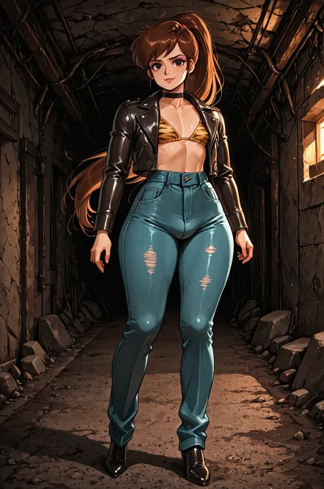 Princess Marco. brown eyes, very long hair, brown hair, ponytail. very small breasts. huge hips. slim body. choker. femboy, crossdressing,|  1girl, leather jacket, jeans,  underground, road, concrete, makeup, eyeshadow, 1980s (style), retro artstyle, cheer...