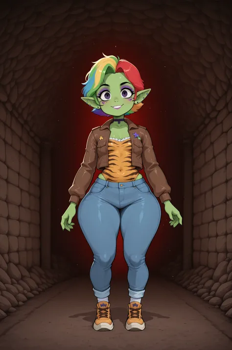 femboy punk, rainbow colors hair, black eye , facial piercings, eye makeup, small breasts, meduim hips, (goblin femboy:1.0) (shortstack:1.0) (green skin:1.0) (pointy ears:1.0) (wide hips:1.0) boy. crossdressing, femboy. medium hips, very short hair. Bouffa...