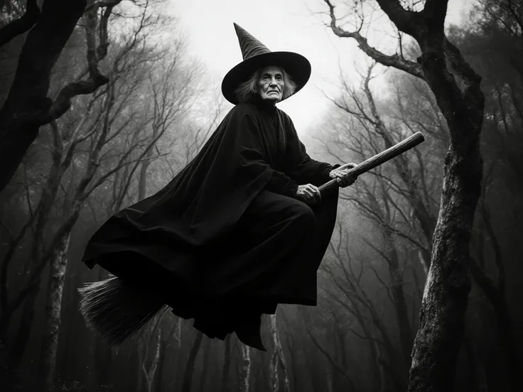 An ultra-realistic black and white photograph of a classic old witch flying on her broomstick above a dense, ancient forest. She wears a traditional pointed witch hat and layered black robes that move naturally with the wind. Her aged skin shows fine wrink...