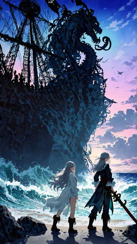 1 Gil, (pirate girl: 1.5), Pirate Hat, (long hair under underwear: 1.7), (gray hair: 1.2), short white Pirate shirt, (Pirate shirt: 1.2), (neckline: 1.4), Thick belt, Ripped black pirate pants, (Return to viewer: 2.0), (boots: 1.4), is holding 2 Rustic wea...