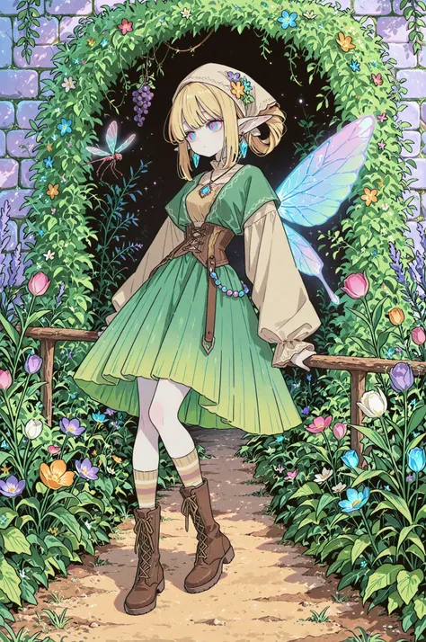 Tooth faèrie princess. She has tall, thin miniature physique. She has holographic dragonfly wings. She has pale ivory skin and long pointy elf ears. Her eyes are sky-blue. She has long golden-blonde ringlet loose hairstyle decorated with wildflowers. She i...