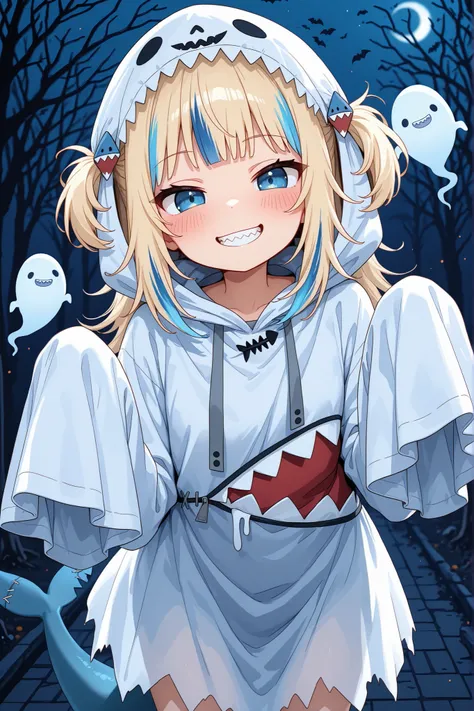 ghost costume, hair ornament, grin, halloween, sleeves past wrists, 1girl, solo, sleeves past fingers, fish tail, smile, night, long hair, streaked hair, ghost, blue hair, blue eyes, tail, looking at viewer, hood, blush, multicolored hair, twintails, fins,...
