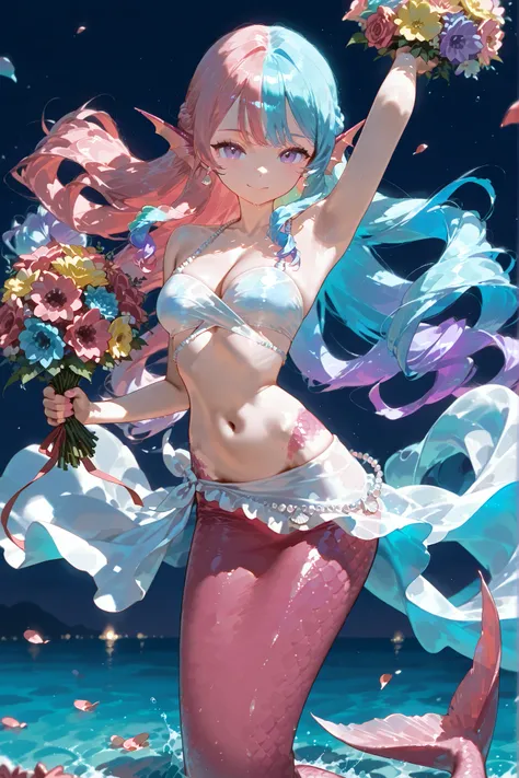 (merfolk, mermaid tail, scales,)(MULTICOLORED HAIR, TWO-TONE HAIR,MIX OF turquoise AND VIOLET-pink HAIR,SPLIT-COLOR HAIR,) The France Queen mermaid. She has pink skin covered with scales. She has pink ear fins with silver seashell earrings. she has a purpl...