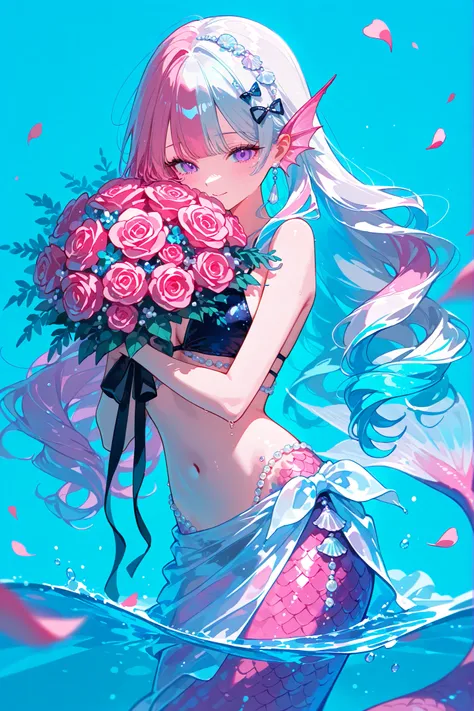 (MULTICOLORED HAIR, TWO-TONE HAIR,MIX OF turquoise AND VIOLET-pink HAIR,SPLIT-COLOR HAIR,) The France Queen mermaid. She has pink skin covered with scales. She has pink ear fins with silver seashell earrings. she has a purple eyes.  She has kinky hair with...